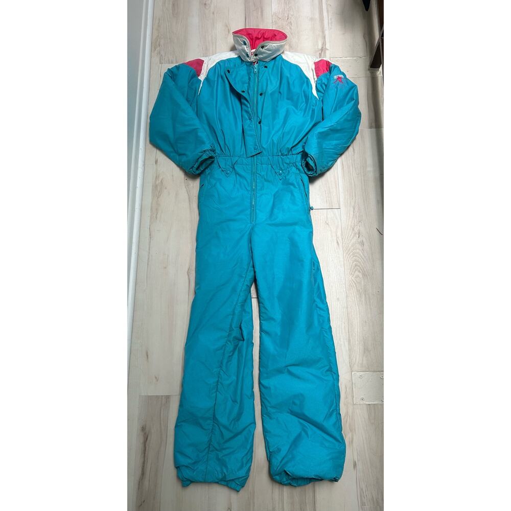 Vintage Roffee 80s 90s Retro Ski Suit Snowsuit Teal Pink Womens Small